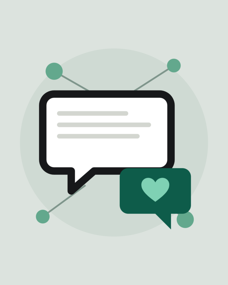Ilustración: dos bocadillos de conversación, uno con un corazón, unidos a una red de contactos.